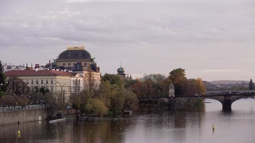 National Theatre and Legion Bridge in Prague, Czech Republic, cinematic autumn day view