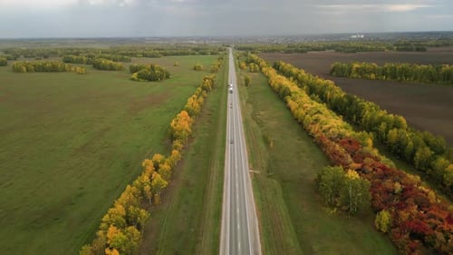 Cars Driving on an Asphalt Road in the Autumn Season Aerial Shot Colorful Trees Along the Road