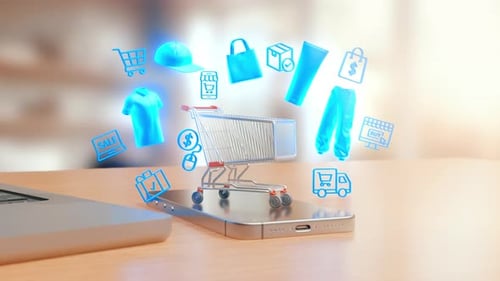 Online Shopping E-commerce with Animated Product Icons and Technology