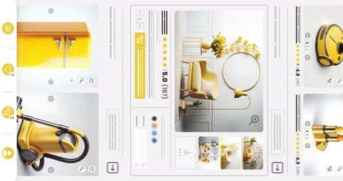Online marketplace website animation. E-commerce and yellow shopping products. Vertical version.