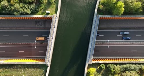 Aquaduct Veluwemeer, Netherlands. Video background. Transportation and roads. Aerial view.