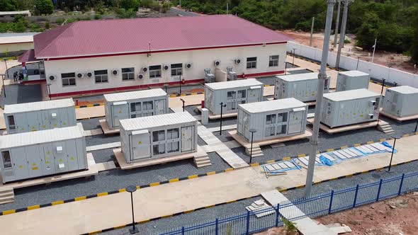 Aerial view of battery energy storage system BESS array at renewable ...