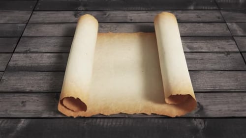 Old Parchment Scroll Unrolling on Wooden Table Reveal