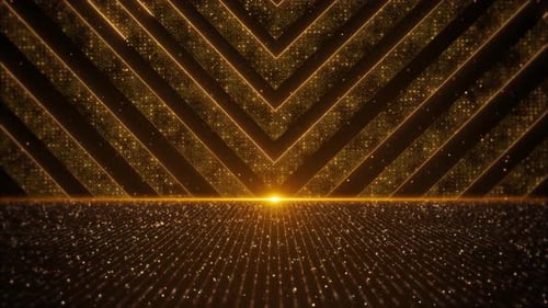 Elegant Golden Shimmering Stage Background with Glowing Chevron Lines