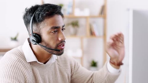 Businessman, call center and consulting with headphones on computer in customer service