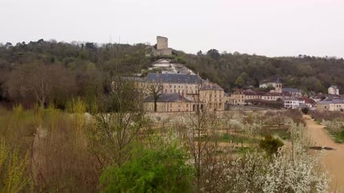 4K drone view of Chateau de La Roche-Guyon near Paris, France