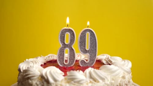 89. A candle in the form of the number 89, stuck in a holiday cake, is blown out. Celebrating a birt