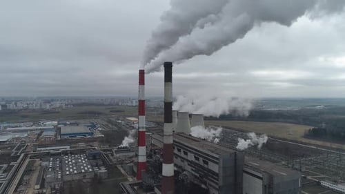 Thermal Power Energy Station View From Height to Pipes in Fog Steam and Smoke From Pipes
