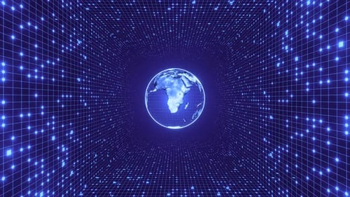 Digital Earth Globe with Futuristic Grid Tunnel Animation