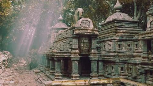 Ancient Stone Temple Complex with an Elephant Sculpture in Cambodia