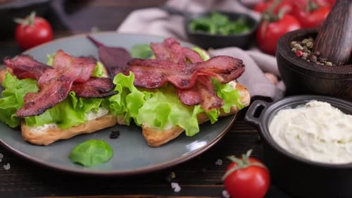 Delicious Bacon and Lettuce Open Sandwiches Close Up