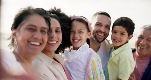 Grandparents, parents and kids at beach for selfie with face, bonding and memory in summer