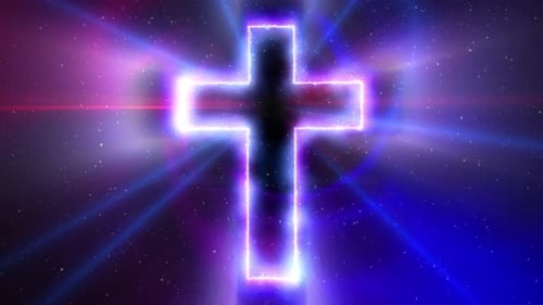 Radiant Neon Cross in Cosmic Space Background