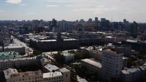 Top view of beautiful modern city on sunny summer day. Stock footage. Beautiful panorama of big city