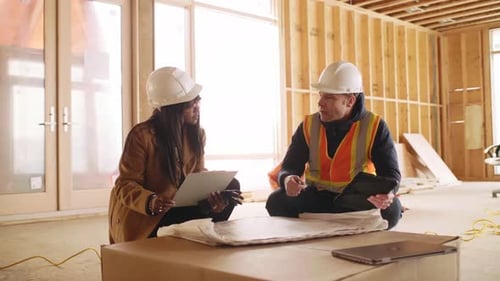Architect and homebuilder reviewing blueprints together at construction site