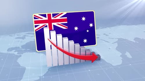 Australia Flag With Decrease Bar Chart Graph And Arrow Red
