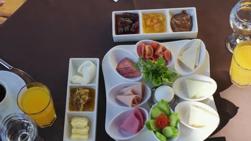 Traditional Turkish breakfast on a table.Serving breakfast in a restaurant.serving plate of omlette.
