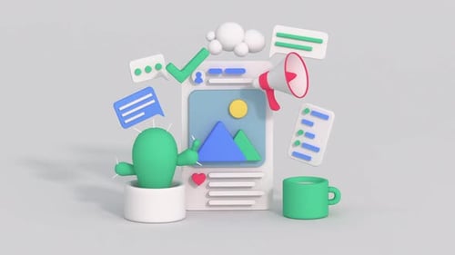 Social media and digital marketing concept. Cartoony minimal 3D render animation