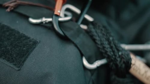 Backpack with Carabiners and Tools Close Up