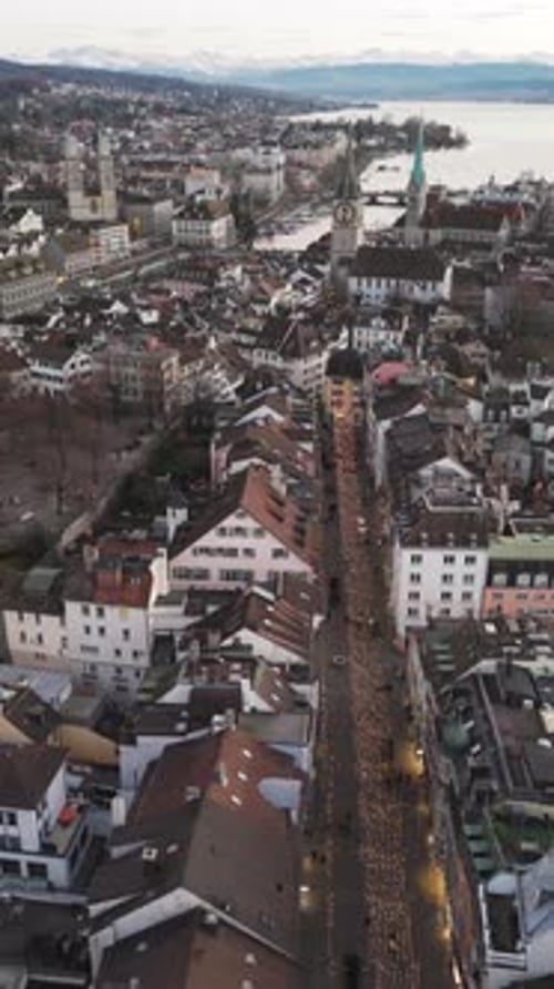 Aerial video of an urban urban landscape in Zurich, Switzerland