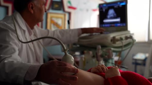 Doctor examines pregnant belly during ultrasound, viewing scan images on a monitor