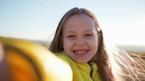 Little Cute Girl Holds Device Recording Video Make Videoblog Pose Take Selfie Close Up Webcam View