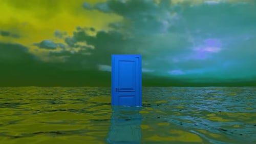 Blue door opening in a surreal ocean unveiling a bright light