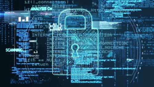 Animation d'un cadenas de sécurité en ligne surmontant le traitement des données en bleu brillant