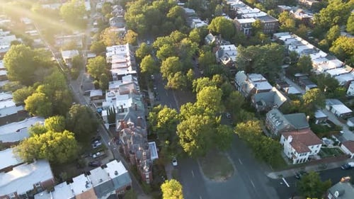 Historic Monument Avenue at Golden Hour in Richmond, Virginia (USA) | Aerial Flyover View | Summer 2