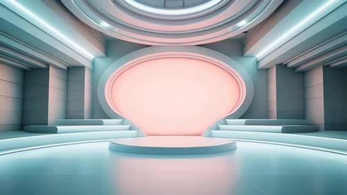 Futuristic Corporate Stage with Glowing Oval Screen Loop