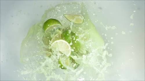 Super Slow Motion of Explosion Lime and Burst Juice and Slices