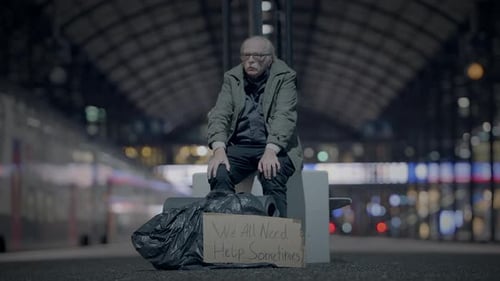 Elderly Homeless Man Suffering From Poverty Looking for Help at Train Station