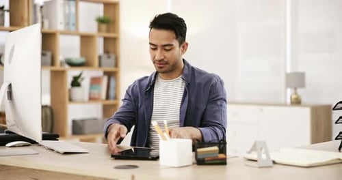Smile, businessman at desk with computer and tablet for research for online article