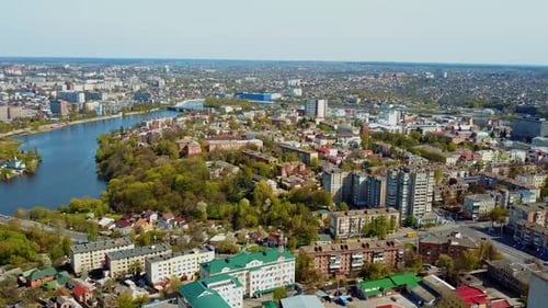 City bird eye view. Aerial drone shot of city with urban architectures