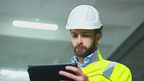 Close Up of Caucasian Male Young Engineer in White Helmet and Uniform Standing in Factory and