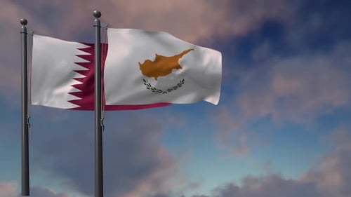 Qatar and Cyprus National Flags Waving on Flagpoles in a Cloudy Sky