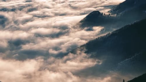 Magic Morning Light of Sun in Foggy Forest Mountains