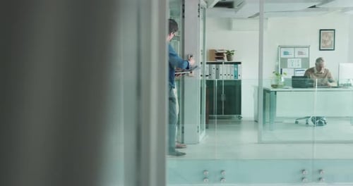 Walking, tablet and discussion with business people in office for teamwork