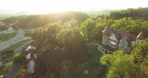 Aerial view just before sunset of the Graceland Inn and Robert C. Byrd Center for Hospitality & Tour