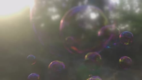 Colorful soap bubbles floating in the forest. 3d rendering animation.