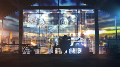 Software Engineer Working with Futuristic Interface in Modern Office at Night