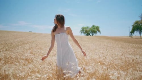 Feminine Lady Touching Wheat Field Enjoying Summer Carefree Girl Spinning Alone