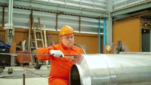 Factory worker in safety uniform using a metal ruler to measure a large stainless steel pipe
