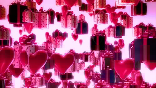 Vibrant pink hearts and gift boxes cascade, creating a festive and romantic celebration atmosphere.