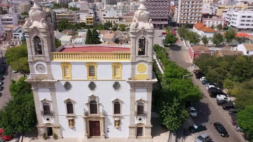 Aerial Drone Video of the Ancient Portuguese Church of De Carmo in Faro Movement to the Side