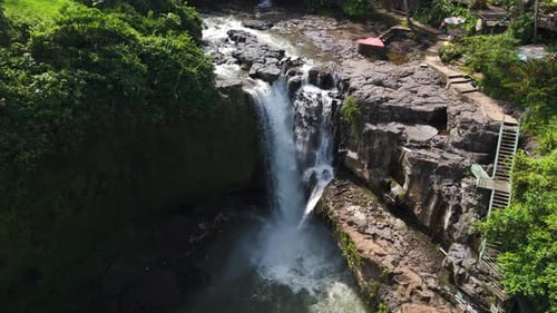 Aerial View of Tegenungan Waterfall in Bali’s Tropical Jungle