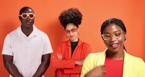 Smile, black woman and friends for fashion in studio background, trendy clothes and bold style