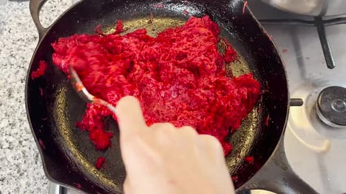 Cooking Fresh Red Beets in a Cast Iron Pan