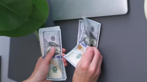 Vertical Footage Close Up Woman Hands Counting Cash Money 1000 American Dollars Banknotes Income