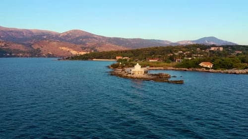 Aerial view of Lighthouse of Saint Theodore in Lassi, Argostoli, Kefalonia island in Greece. Saint T